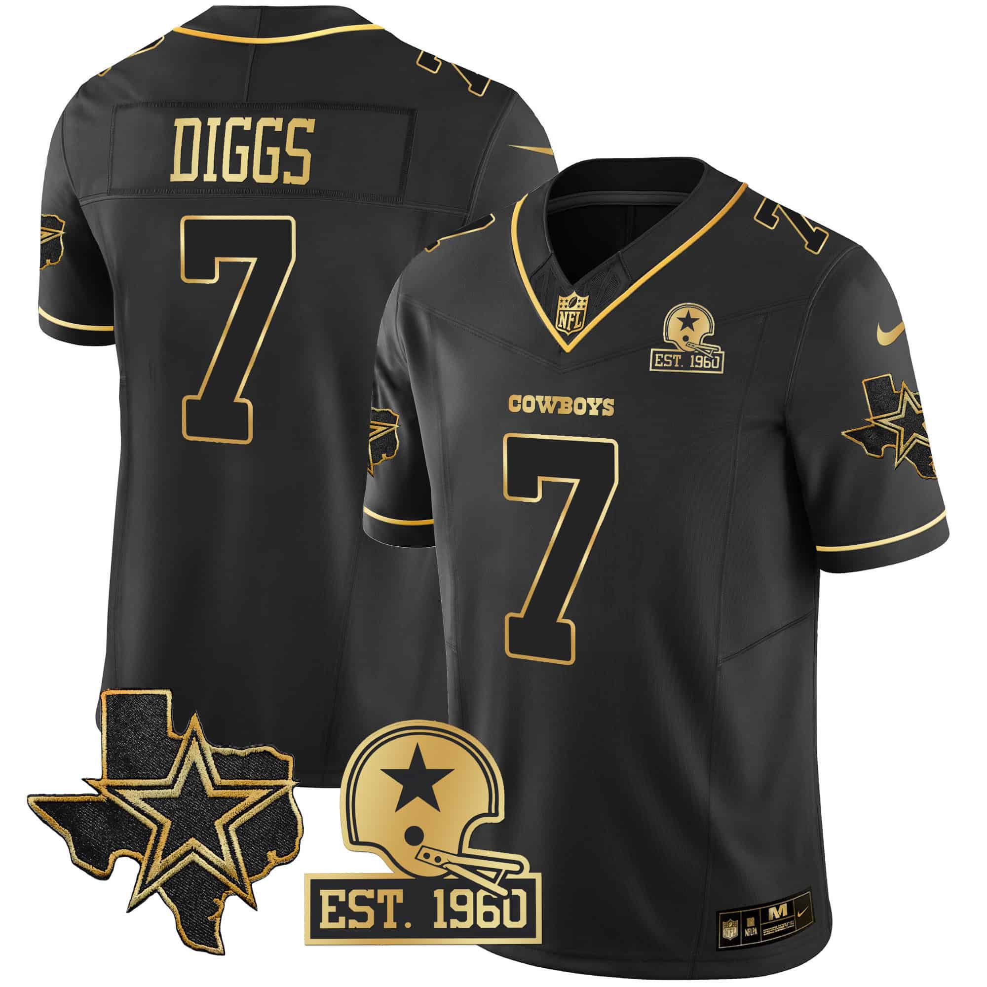 Men Dallas Cowboys 7 Diggs Black Gold 2024 Nike Patch Vapor NFL Jersey style 1